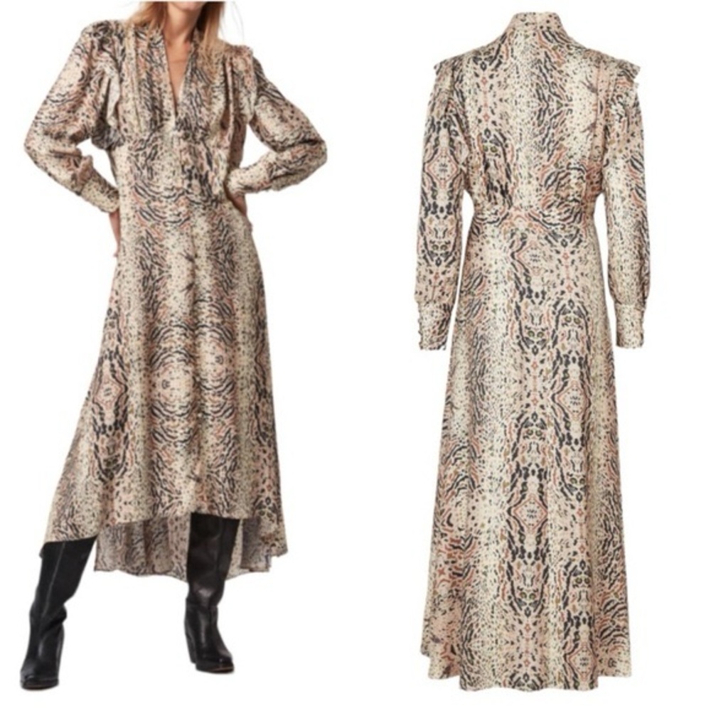 AllSaints Lia Arietta Ramskull Animal Print Button Up ruffle dress US size 8